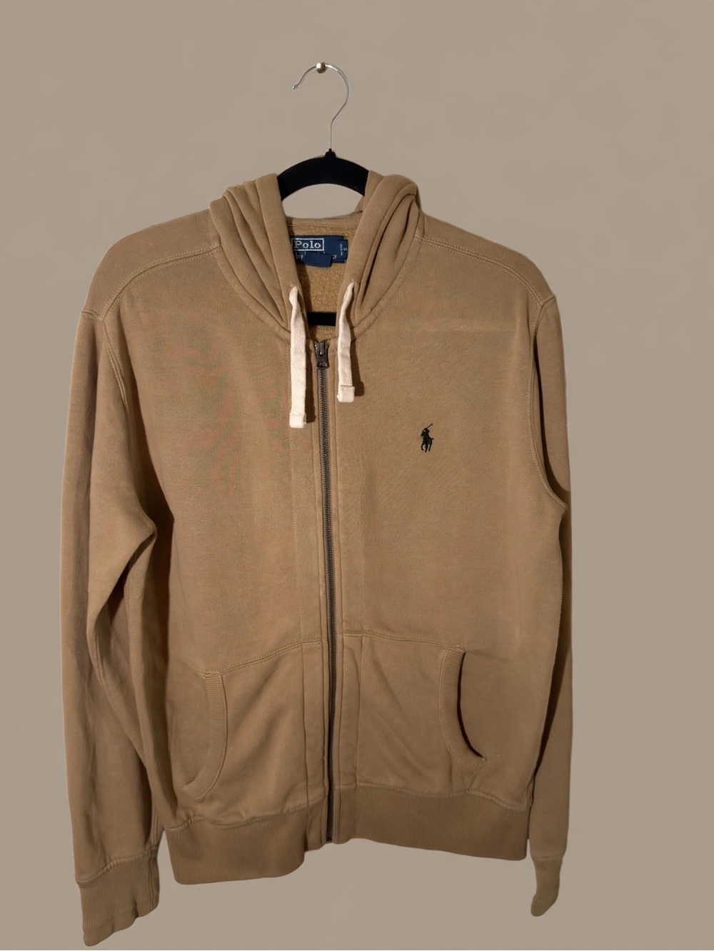 Polo by Ralph Lauren Khaki Zip-Up Hoodie with Embroidered Pony Size M